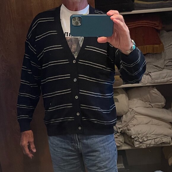 Tommy Hilfiger Mens Black Silk Angora Striped Cardigan Sweater Long Sleeve - L - Picture 1 of 7